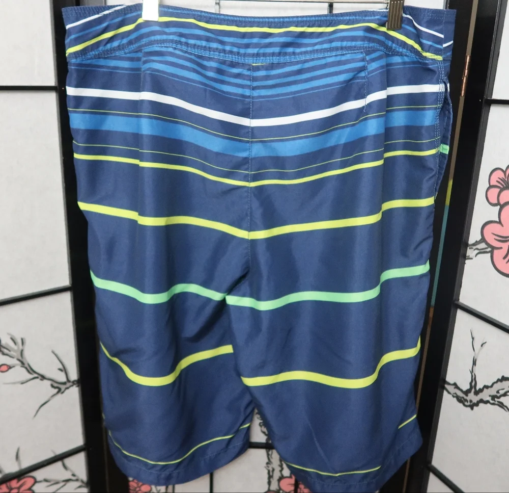 Tommy Bahama Navy and Lime Striped Board Shorts Size 34